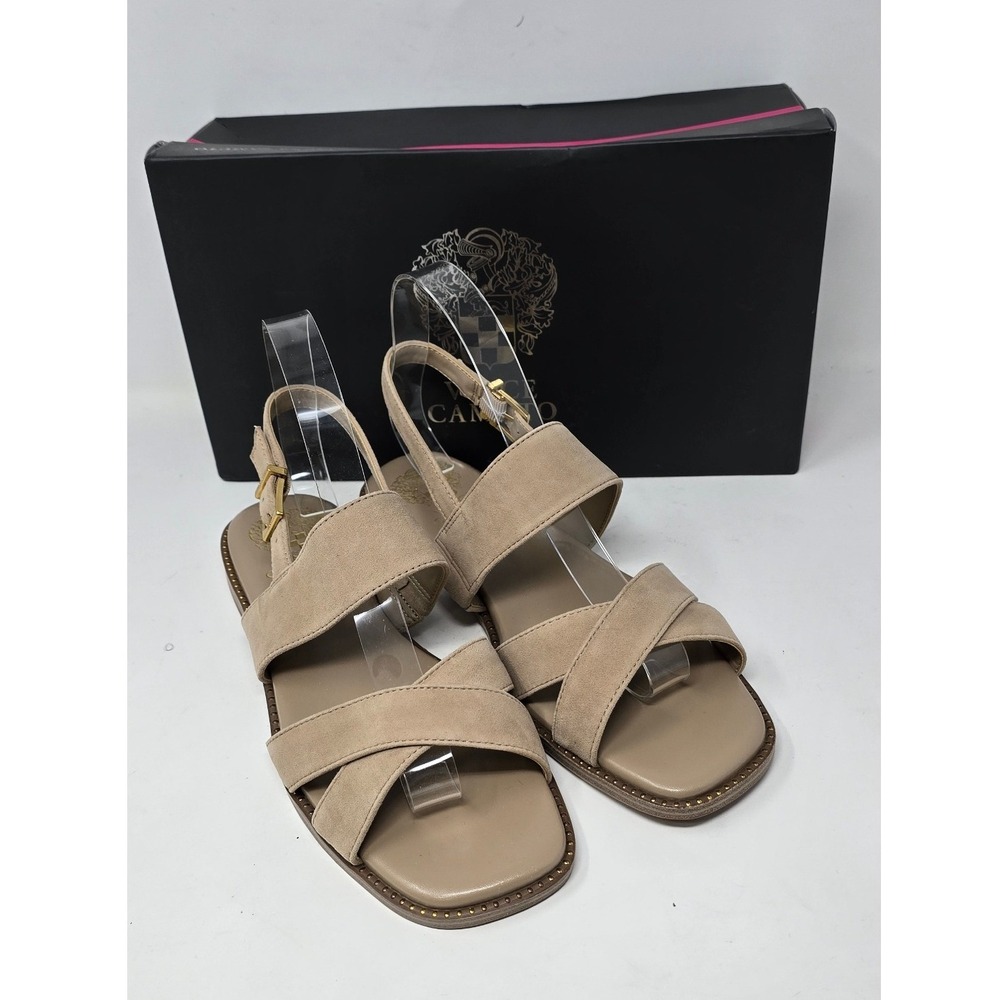 Vince Camuto Naima leather backstrap sandals women 9.5 tan beige flat strappy